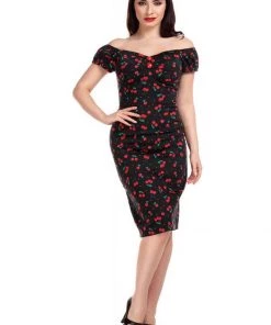 Collectif Dolores Cherry Love 50's Pencil Dress Black New In