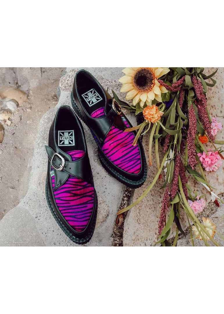 T.U.K Zebra Buckle Pointed Vegan Creepers Black Purple