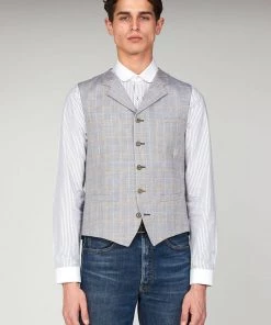 New In Gibson London Edgar Linnen Waistcoat Pale Blue