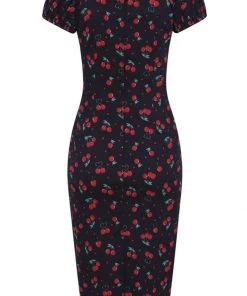 Collectif Dolores Cherry Love 50's Pencil Dress Black New In