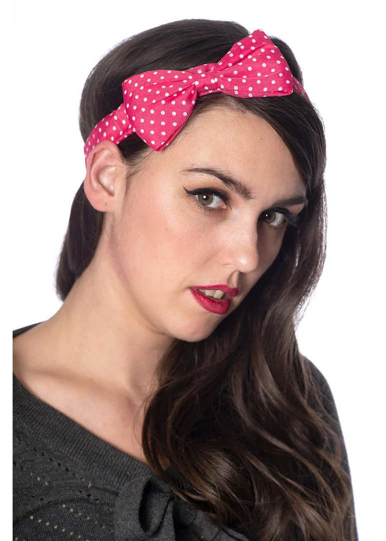 Banned Dionne Polkadot Bow 50's Headband Dark Pink New In