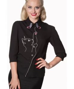 New In Banned Snow Bird Cat Blouse Black