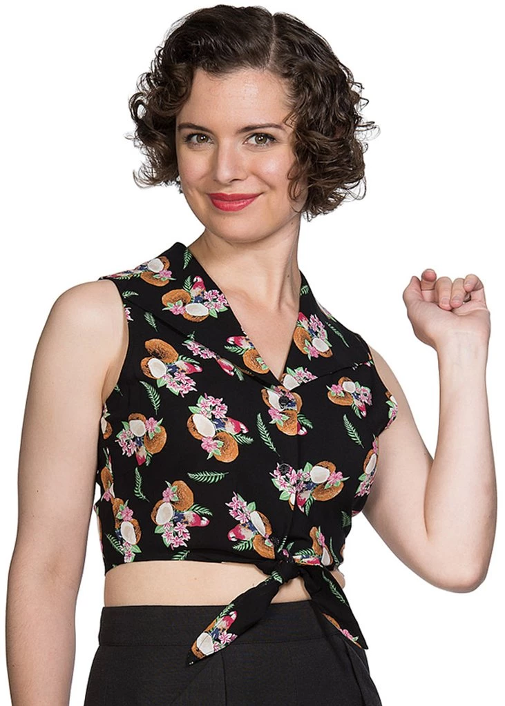 New In Banned Fruit Days 50's Knotted Blouse Black