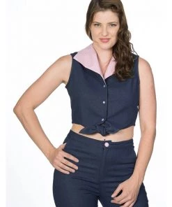 Banned Diner Days 50's Tie Blouse Dark Blue New In