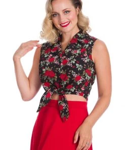 Banned Rose Garden 50's Tie Blouse Black New In