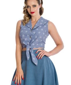 New In Banned Hot Air Balloon Dreaming 50's Blouse Blue