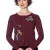 Banned Black Cat Bloom 40's Cardigan Burgundy Colour
