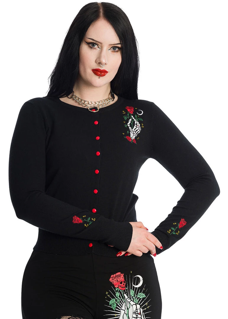 Banned Ishtar Skeleton Rose 50's Cardigan Black New In