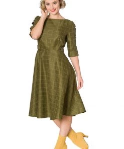 Banned Cheeky Check 40's Swing Dress Khaki Green