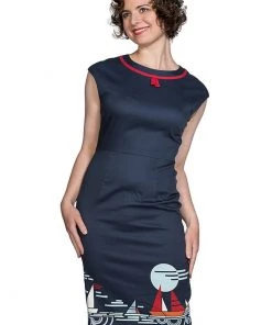 New In Banned Summer Sail 50's Pencil Dress Navy