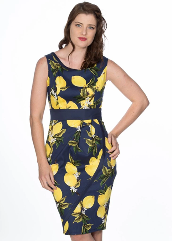 New In Banned Lemon 50's Pencil Dress Navy