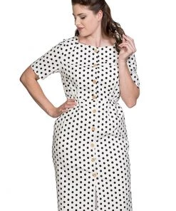 Banned Polkadot Button Up 50's Pencil Dress White New In