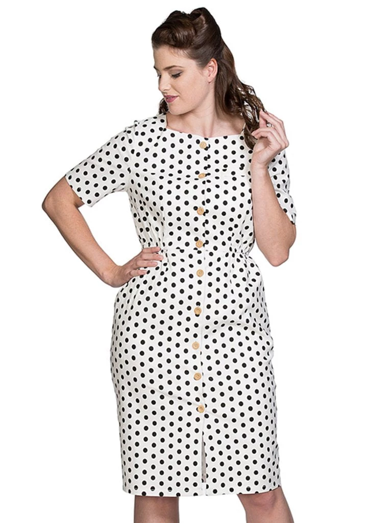 Banned Polkadot Button Up 50's Pencil Dress White New In