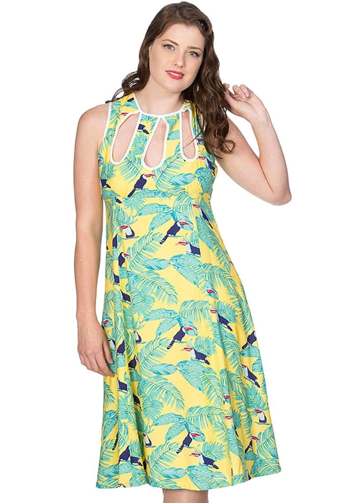 New In Banned Toucan All Over 50's Swing Dress Yellow