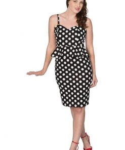 New In Banned Peplum Polkadot 50's Pencil Dress Black