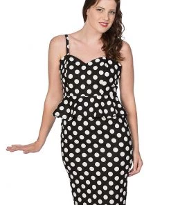 New In Banned Peplum Polkadot 50's Pencil Dress Black