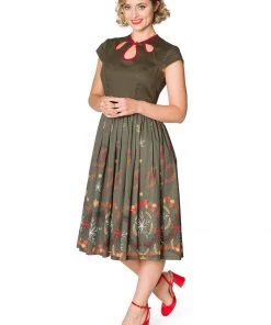 Banned Winter Leaves 50's Swing Dress Green