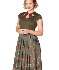 Banned Winter Leaves 50's Swing Dress Green