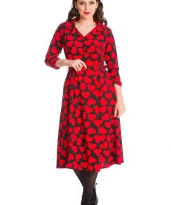 New In Banned Romance Button Hearts 40's A-Line Dress Red