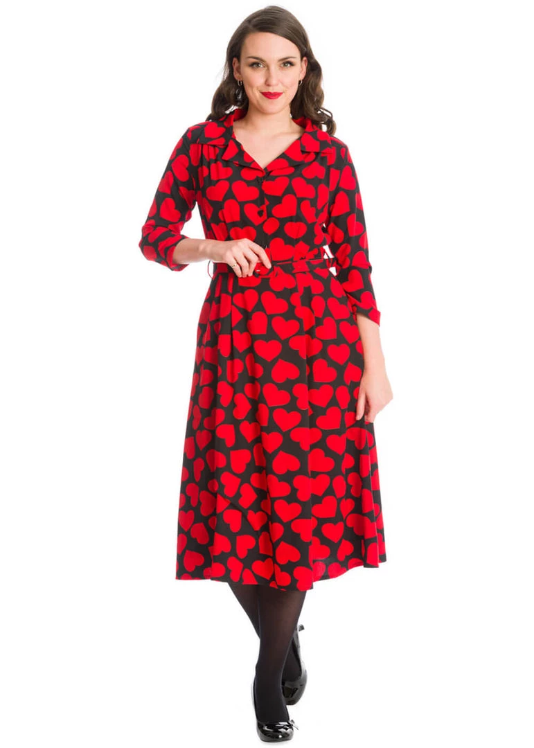 New In Banned Romance Button Hearts 40's A-Line Dress Red