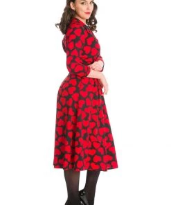 New In Banned Romance Button Hearts 40's A-Line Dress Red