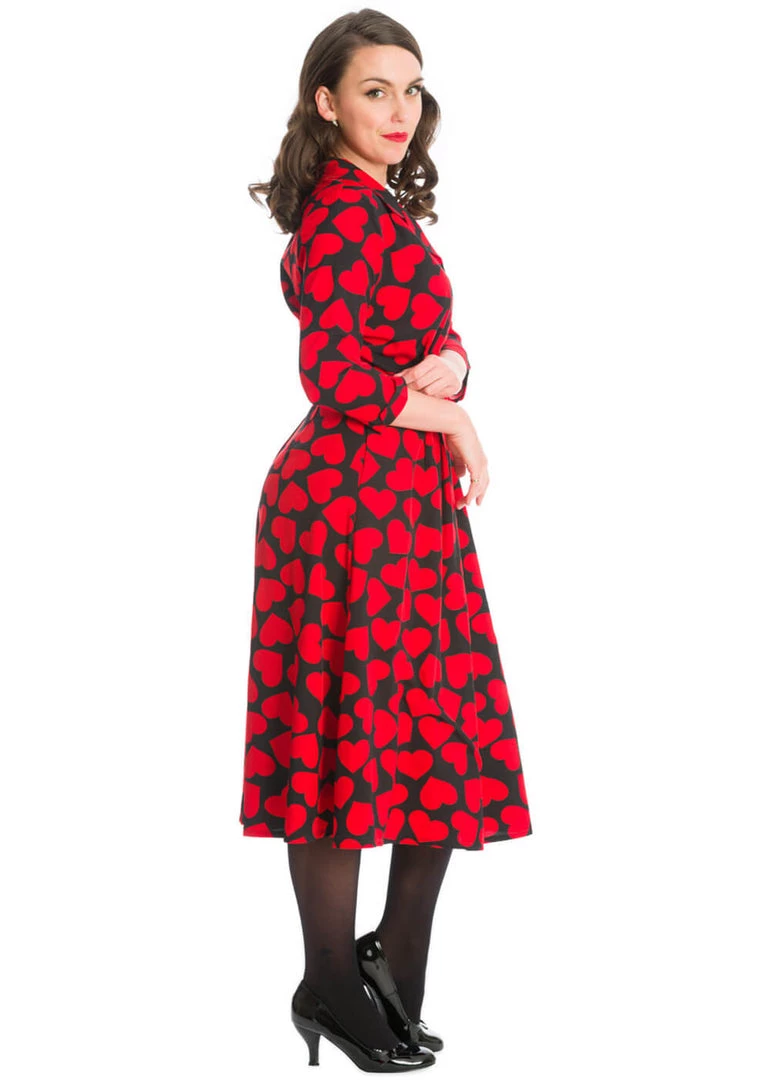 New In Banned Romance Button Hearts 40's A-Line Dress Red