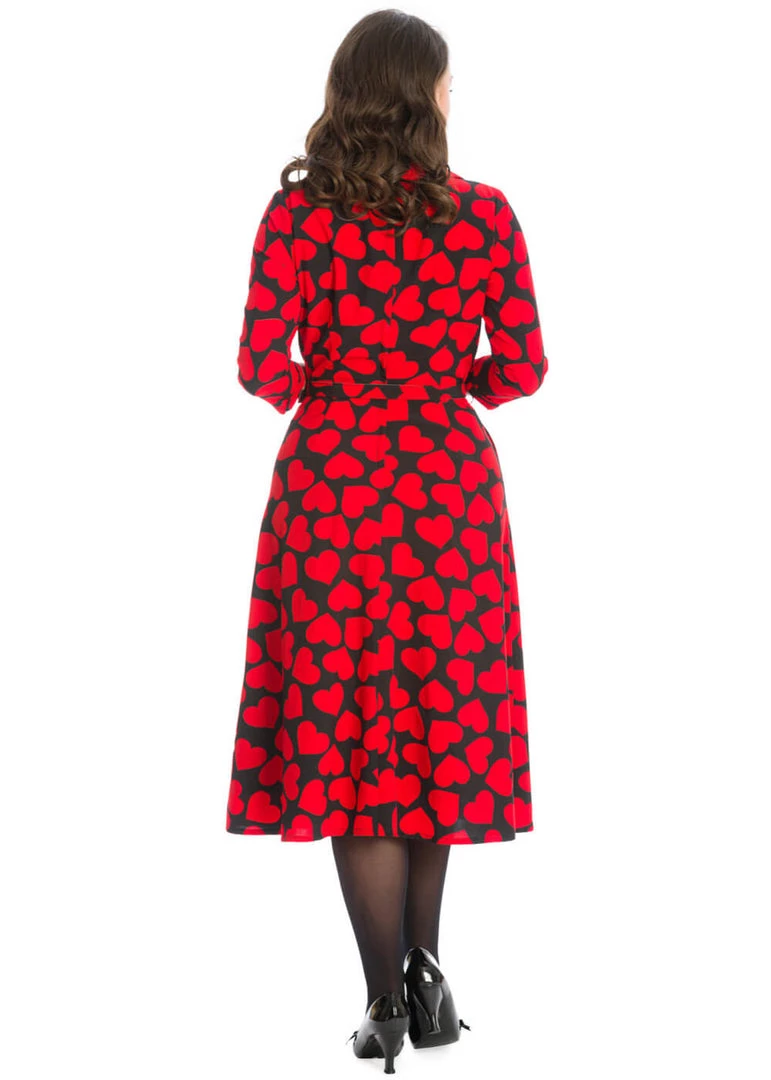 New In Banned Romance Button Hearts 40's A-Line Dress Red