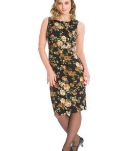 New In Banned Midnight Rose 50's Pencil Dress Black