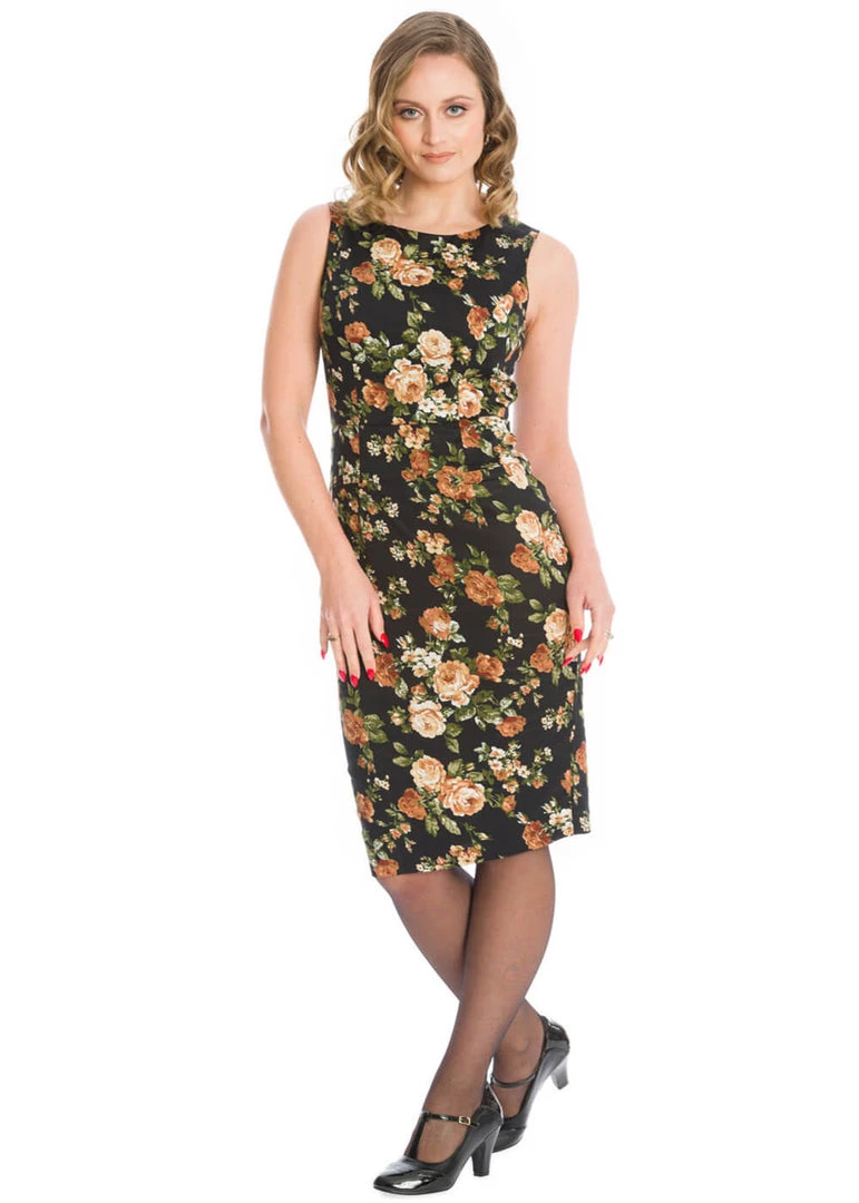 New In Banned Midnight Rose 50's Pencil Dress Black