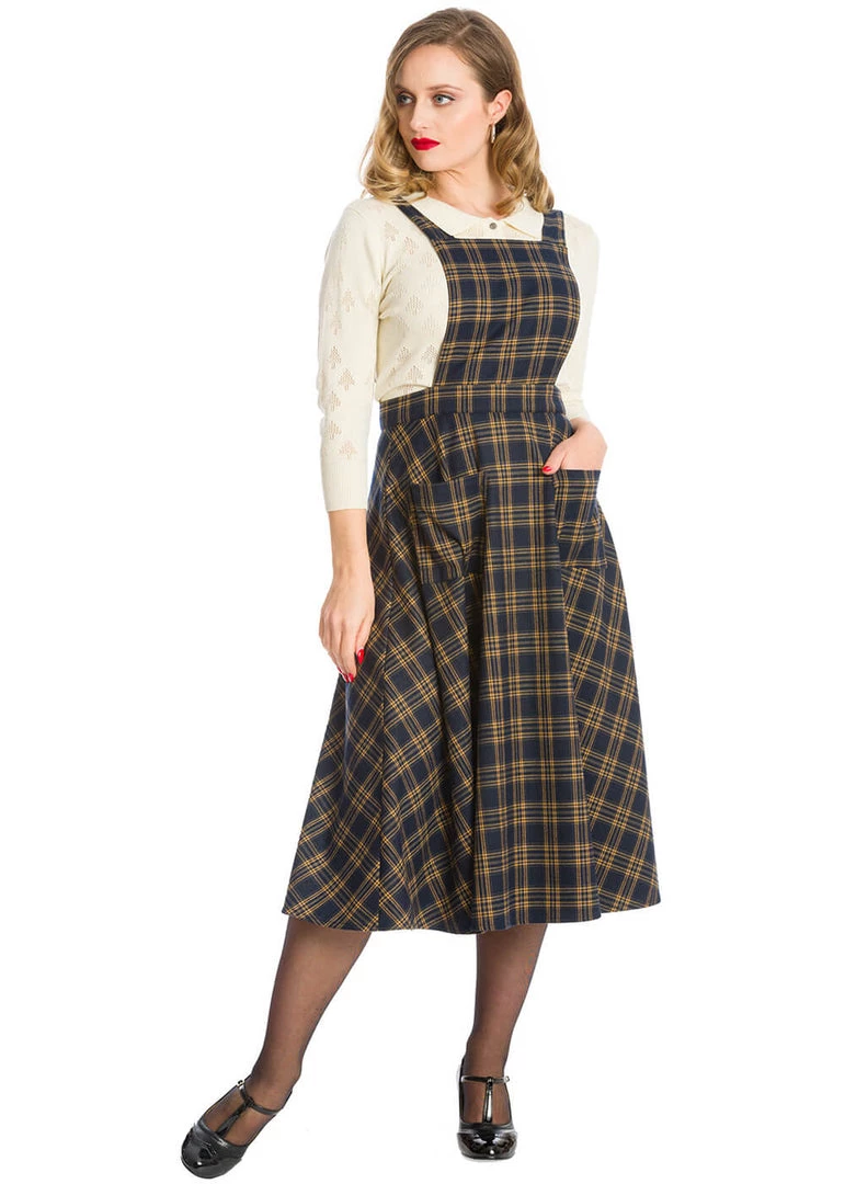 Banned Tartan 40's Pinafore Swing Dress Navy New In