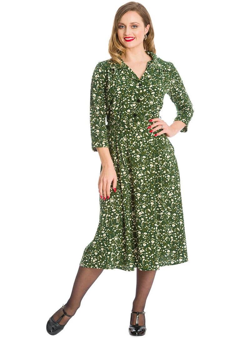 New In Banned Winter Blooms 40's A-Line Dress Green