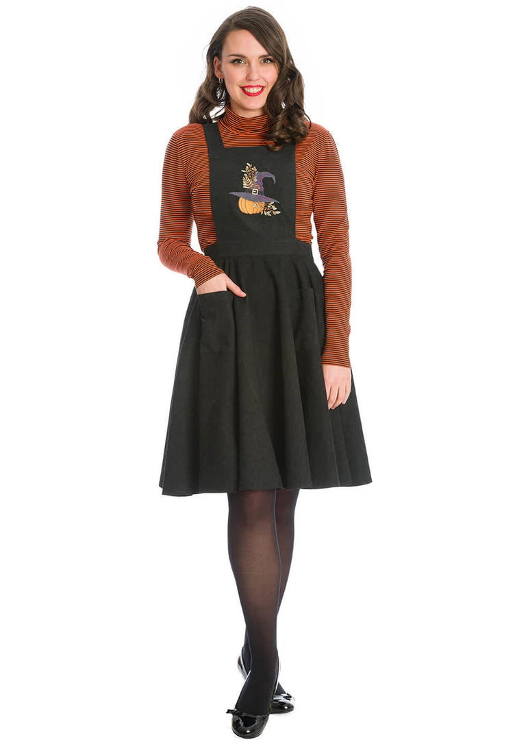 New In Banned Pumpkin Spice & All Things Nice Pinafore 60's Swing Dress Black