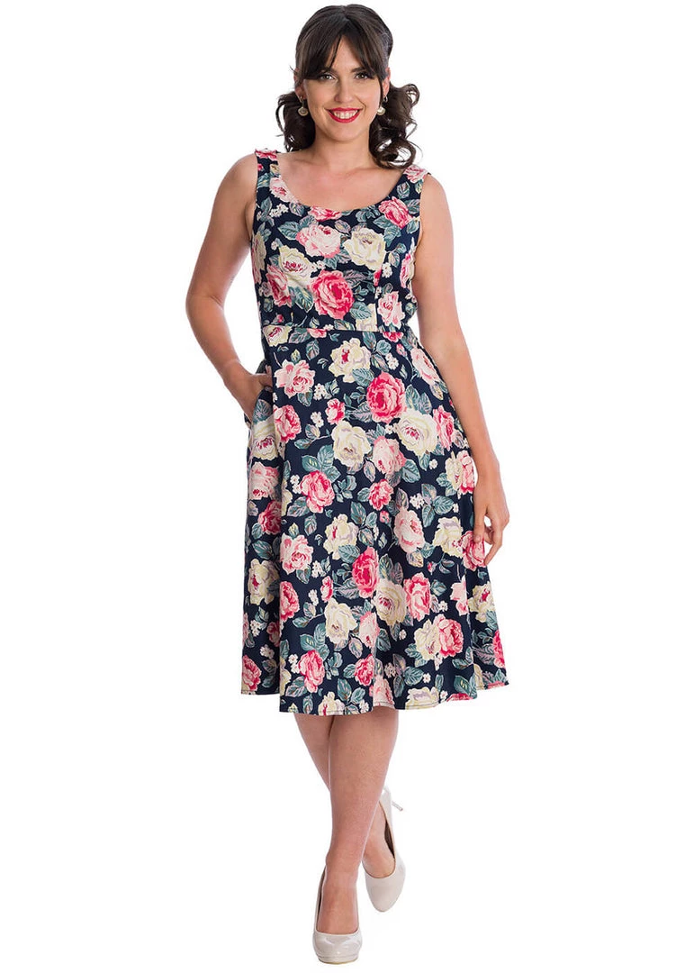 New In Banned Rose Bloom 50's Swing Dress Navy