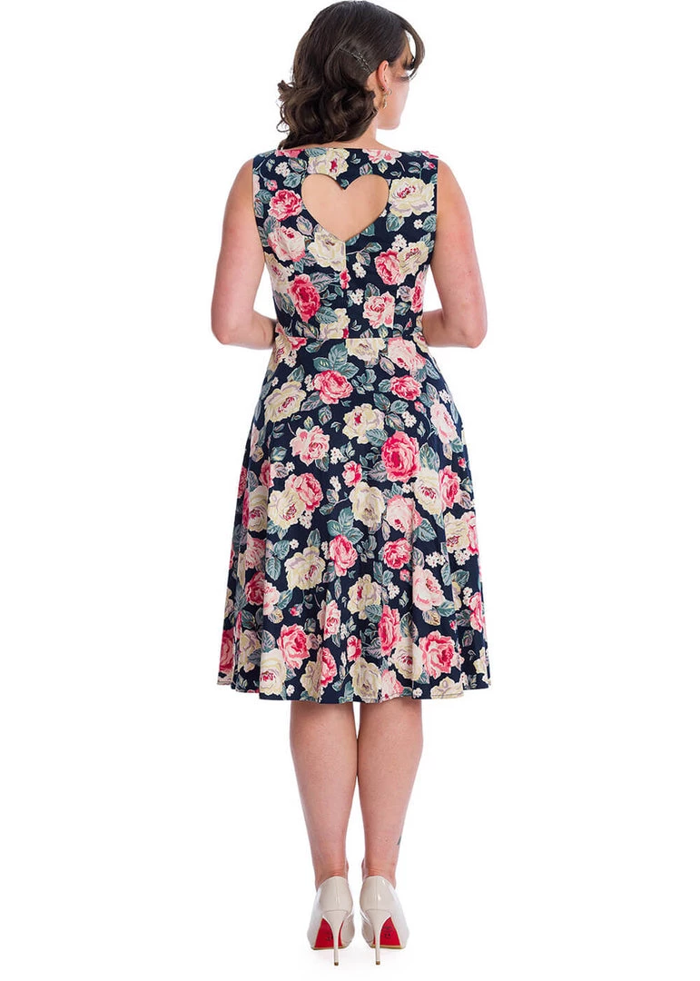 New In Banned Rose Bloom 50's Swing Dress Navy