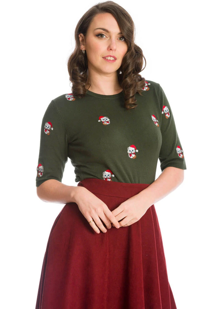 New In Banned Holly Christmas Cat 40's Jumper Green