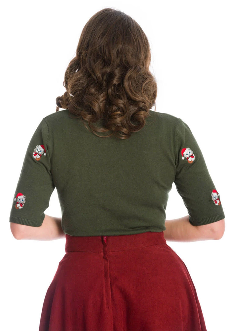 New In Banned Holly Christmas Cat 40's Jumper Green