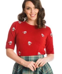 New In Banned Holly Christmas Cat 40's Jumper Red