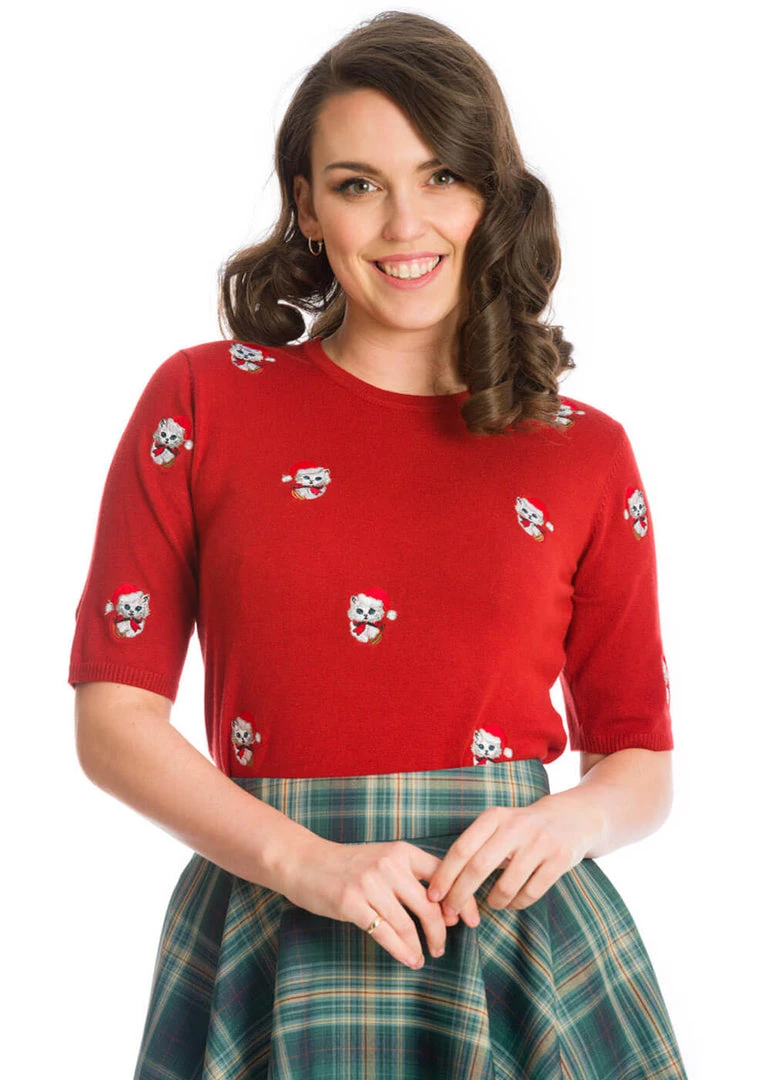 New In Banned Holly Christmas Cat 40's Jumper Red