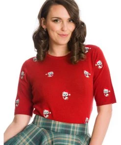 New In Banned Holly Christmas Cat 40's Jumper Red