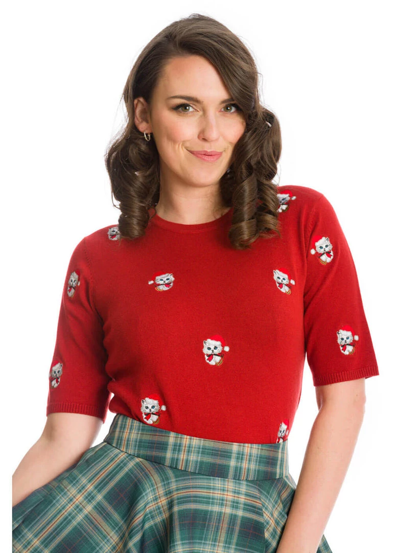 New In Banned Holly Christmas Cat 40's Jumper Red