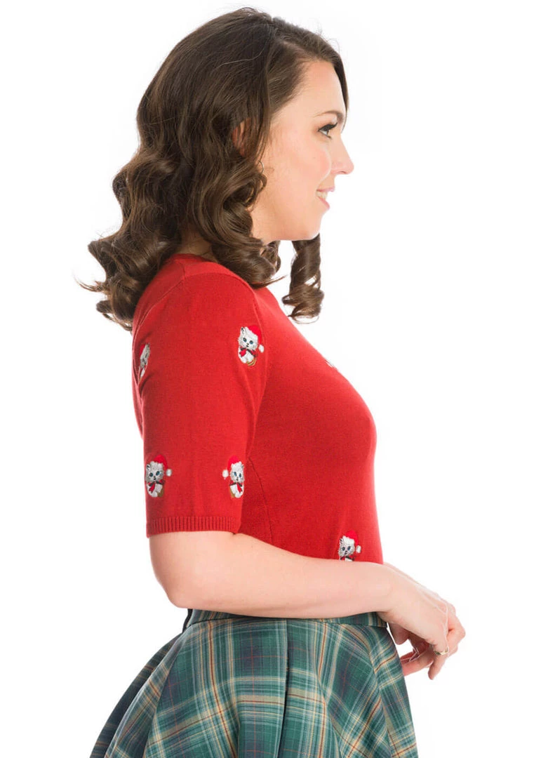 New In Banned Holly Christmas Cat 40's Jumper Red