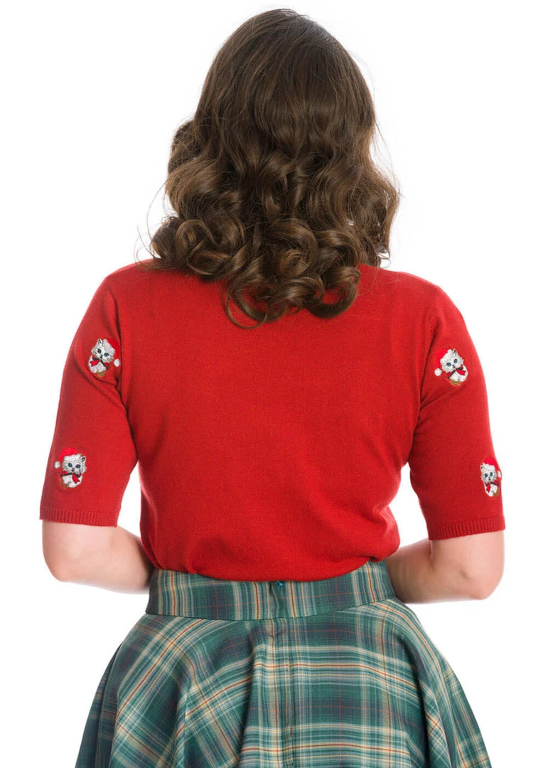 New In Banned Holly Christmas Cat 40's Jumper Red