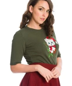 Banned Holly Cat Christmas 50's Jumper Green New In