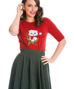 Banned Holly Cat Christmas 50's Jumper Red