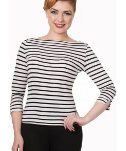 New In Banned Modern Love Stripe 50's Top Zwart Met Wit