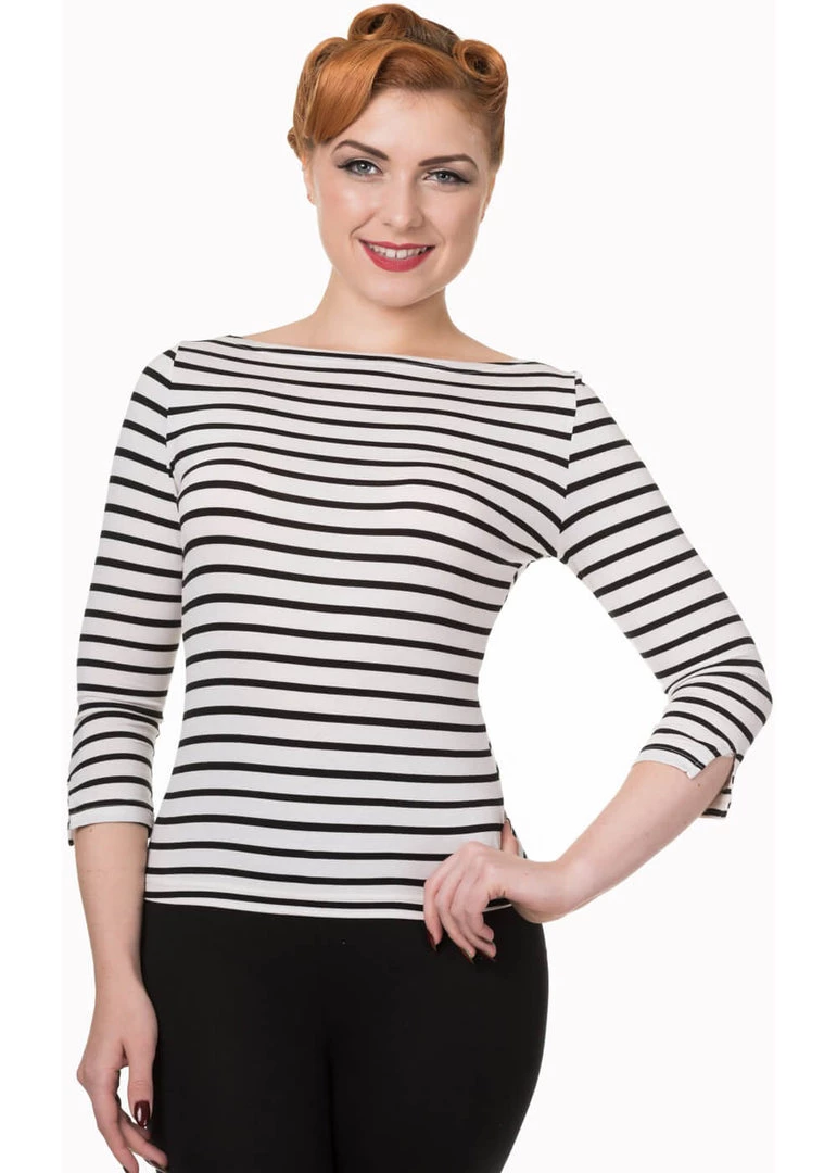New In Banned Modern Love Stripe 50's Top Zwart Met Wit