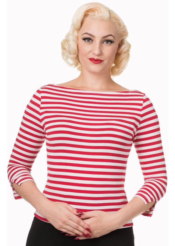 New In Banned Modern Love Striped 50's Top Red White