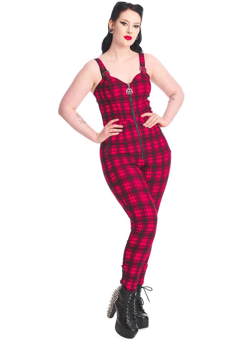 Banned Lenore Tartan 80's Jumpsuit Red New In