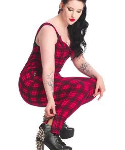 Banned Lenore Tartan 80's Jumpsuit Red New In