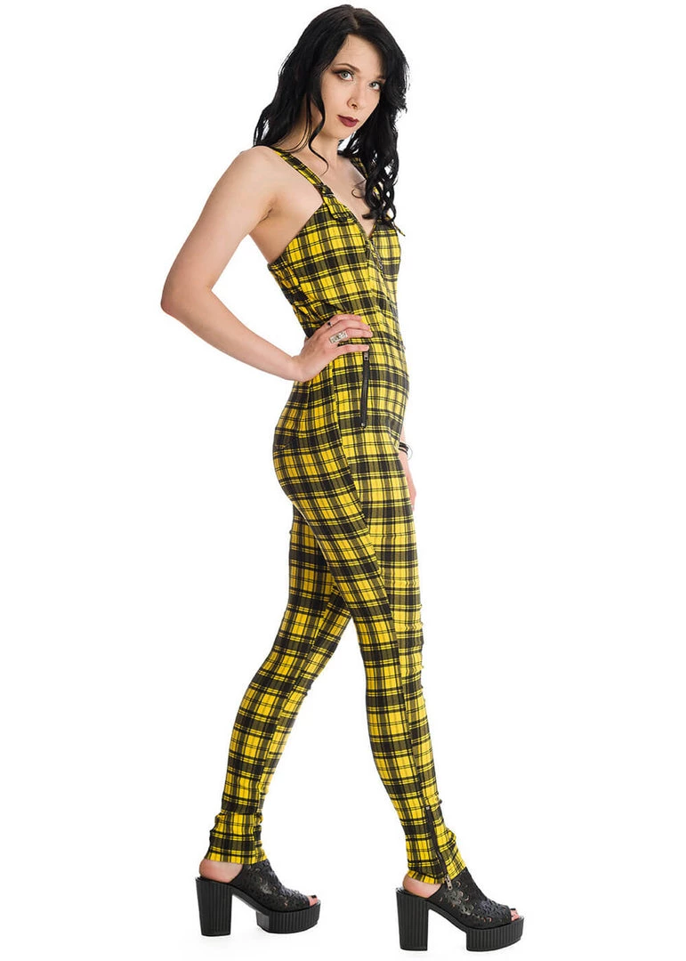 Banned Lenore Tartan 80's Jumpsuit Yellow New In